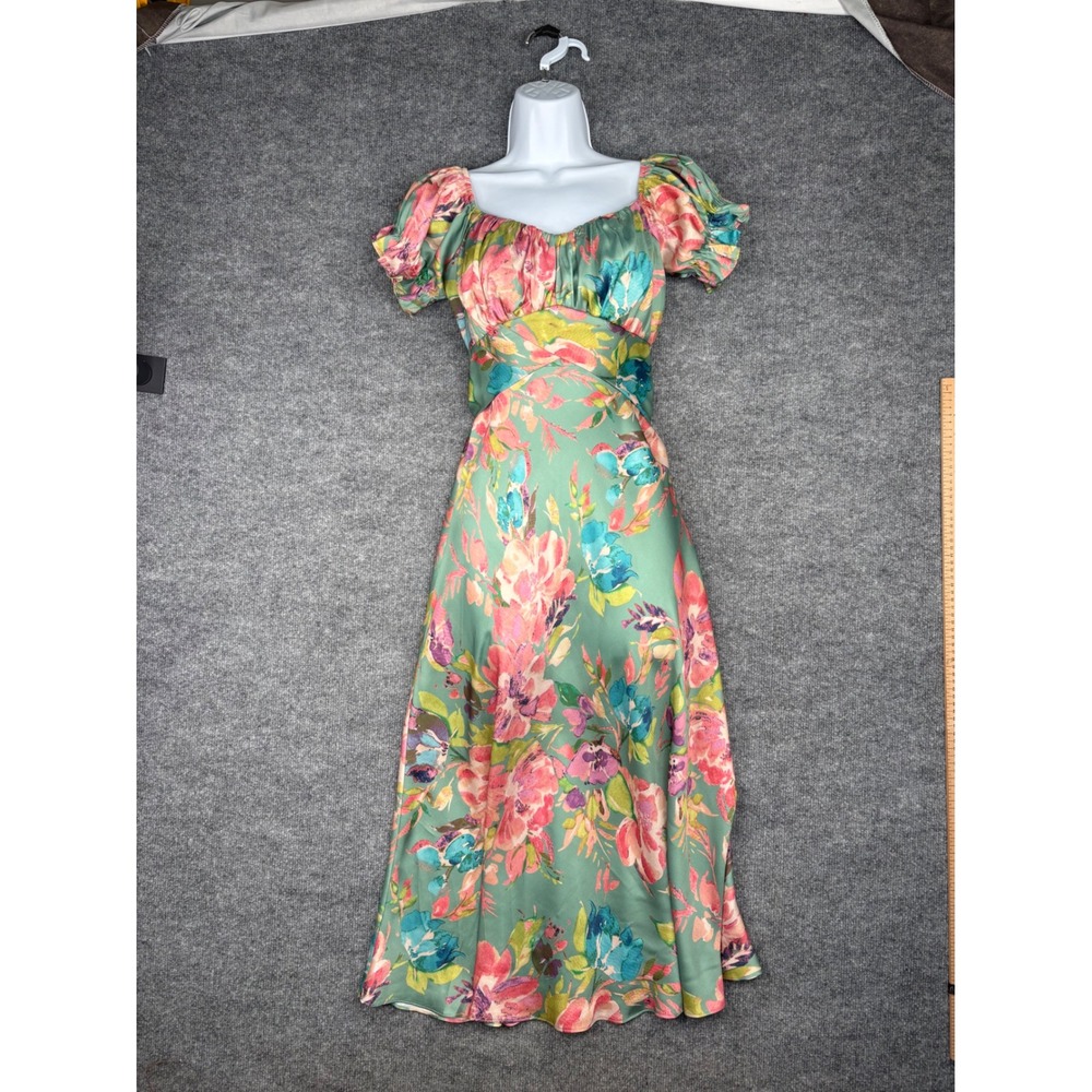 Saints & Secrets Floral Midi Dress Green Pink Satin Puff Sleeve US S Cottagecore